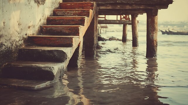 Aged pier steps meet water - Powered by Adobe