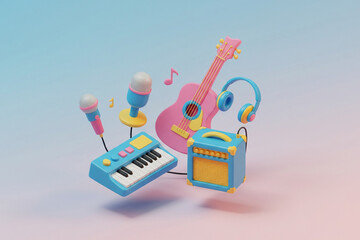 3D rendering of various colorful musical instruments including a pink guitar, a blue keyboard, two microphones, blue headphones, and a blue amplifier, set against a gradient background.