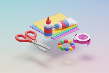 3D rendering of various craft supplies including a pair of red scissors, colorful paper sheets, two glue bottles, a colorful beaded bracelet, and a pink roll of tape.