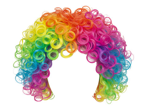 Vibrant rainbow curly clown wig isolated on transparent background