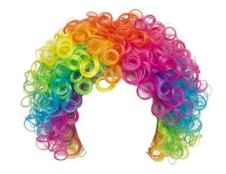 Vibrant rainbow curly clown wig isolated on transparent background