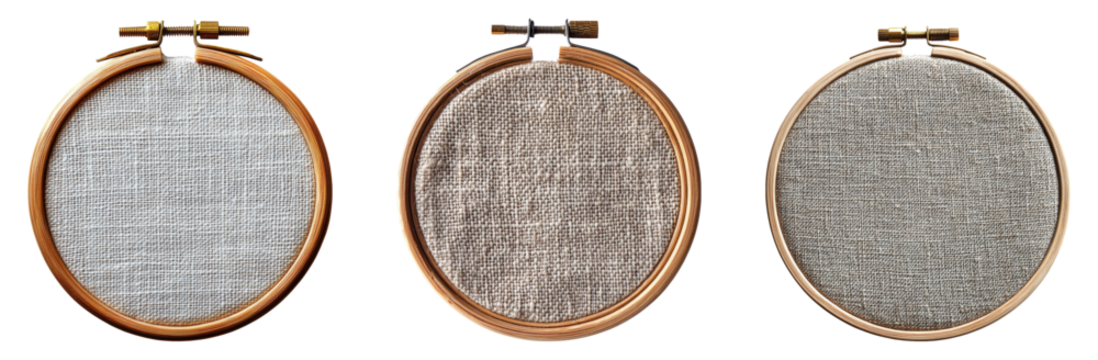 Three embroidery hoops of different textures isolated on a transparent background