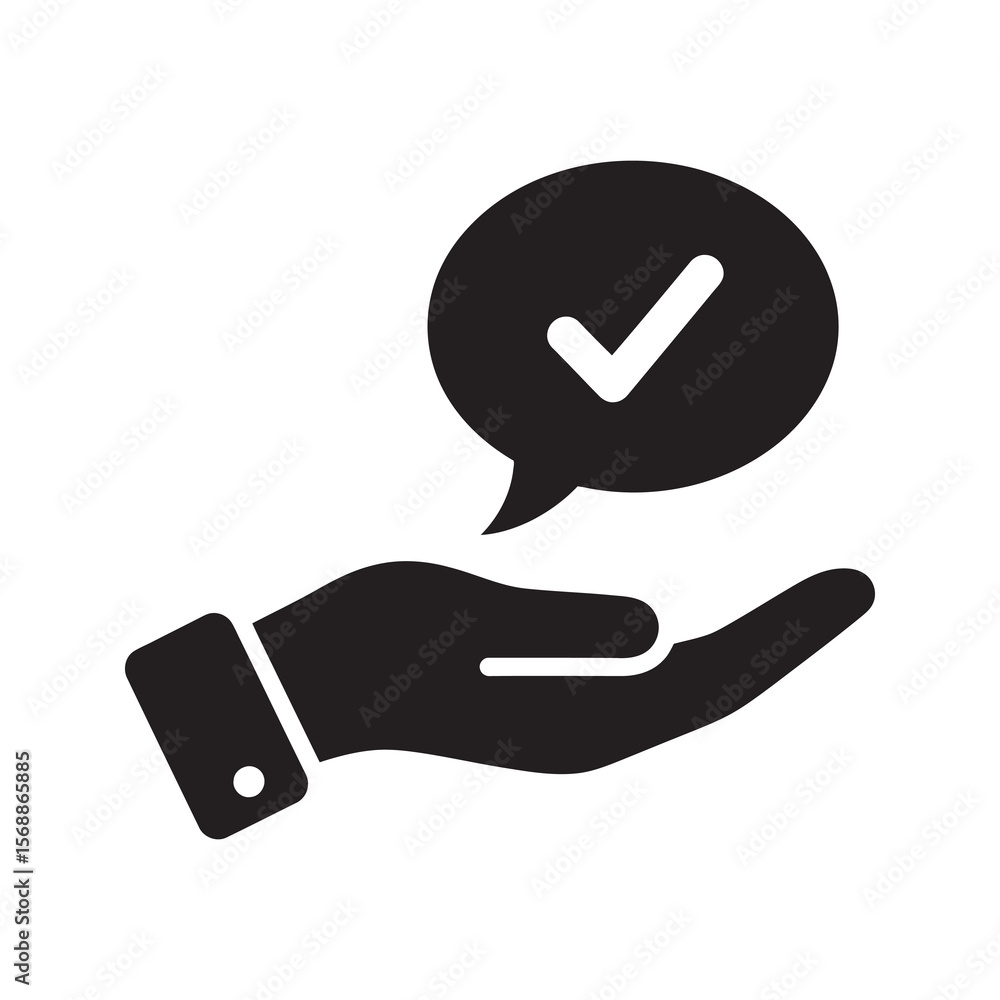 Poster user feedback solid icon showing a hand offering a speech bubble with a checkmark for positive revie