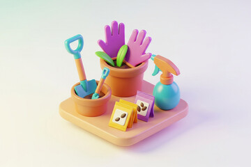 A 3D rendering of gardening tools and supplies, including a shovel, gloves, plant pots with soil and sprouts, seed packets, and a spray bottle, arranged on a light brown tray.