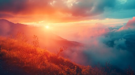A breathtaking sunset over a mountain range with clouds and fog.