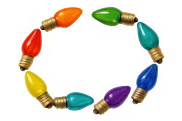 Vintage light bulbs glowing in circular arrangement, displaying colorful glass shapes against transparent background with nostalgic design aesthetic