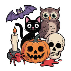 Cute Halloween Cartoon Illustration with Cat, Owl, Pumpkin, and Skull