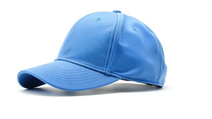 Fototapeta premium A bright blue baseball cap with a textured surface on a white background