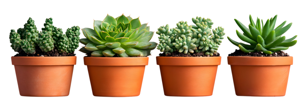 Four potted succulents displaying unique botanical characteristics and textures