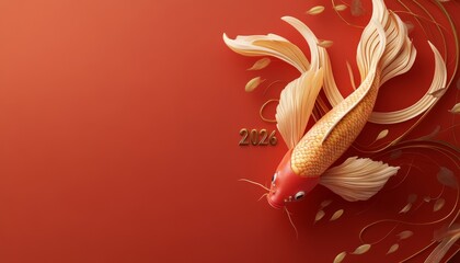 3D text "2026" with chinese style. luxury gold koi carp fish on red chinese background with copy space