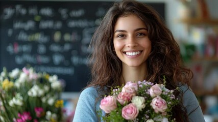 Woman smiles, holding roses; prices listed behind her