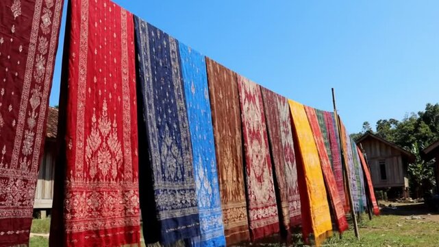 Jepara&rsquo;s famous Troso woven fabrics airing out after washing, neatly arranged on a rope.