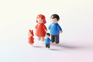 3D rendered stylized family figures with two parents and two children, floating on a white background