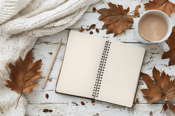 Autumn Cozy Workspace Scene Blank Notepad Coffee and Knit Sweater Flat lay