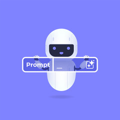 Robot with Generative AI prompt bar on a blue background in a digital and modern design cartoon illustration.