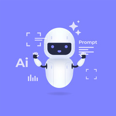 Robot cartoon character representing AI technology with speech elements against a purple background illustration.