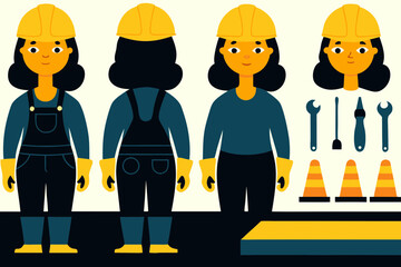 Naklejka premium Female Construction Worker Illustration with Tools and Safety Equipment in Flat Vector Style for Design Projects