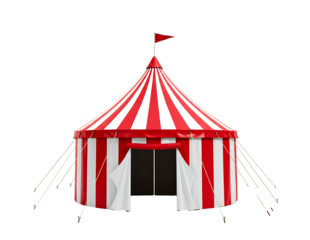 Classic red and white striped circus tent with open entrance isolated on transparent background