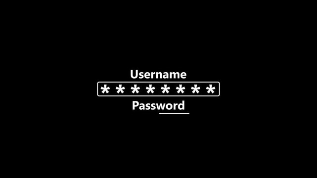 Animation process of entering username and password with access denied screen and check mark on black background.