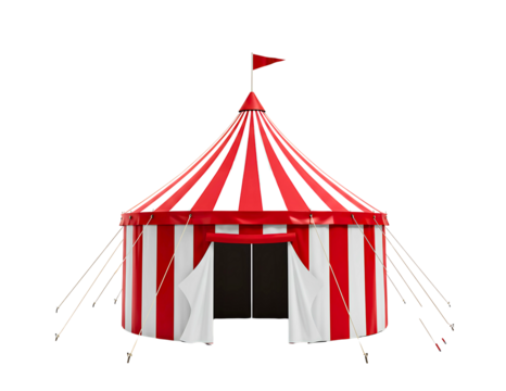 Classic red and white striped circus tent with open entrance isolated on transparent background