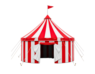 Classic red and white striped circus tent with open entrance isolated on transparent background