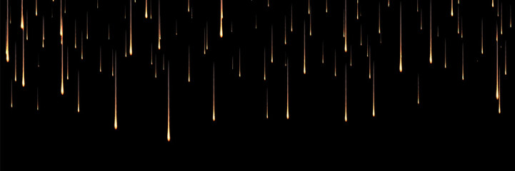 Golden shooting stars cascade down dark night background - meteor shower with warm light trails and sparkles for luxury celebration, festive event decoration and magical space themed design elements