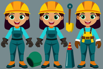 Naklejka premium Cartoon female construction worker characters with hard hats shovel traffic cone and other construction related objects
