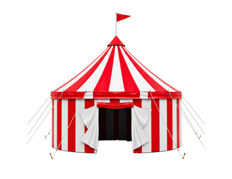 Classic red and white striped circus tent with open entrance isolated on transparent background