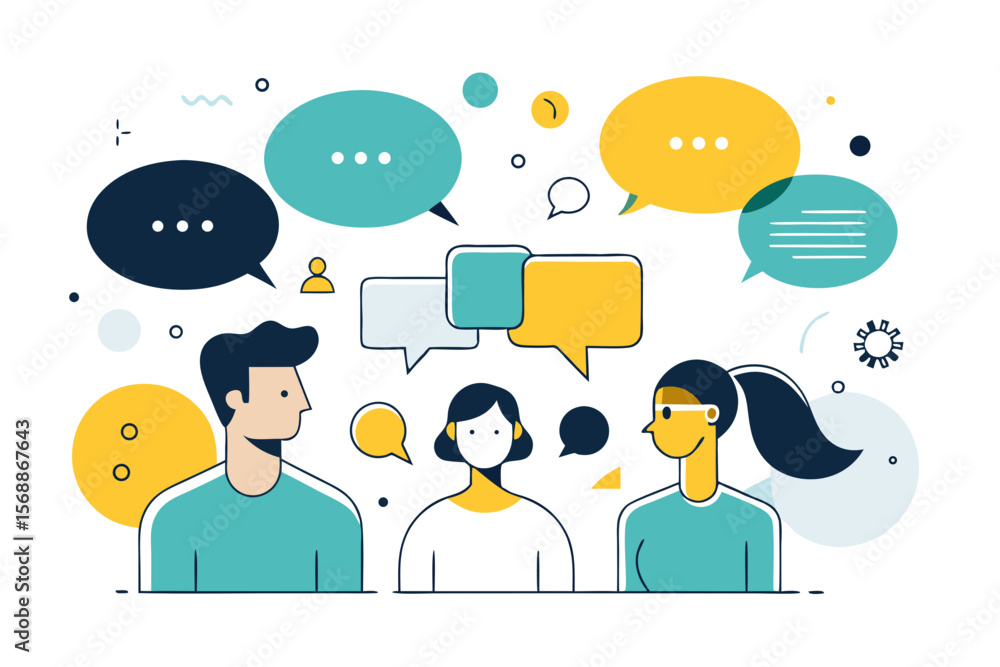 Aufkleber diverse group communication with speech bubbles and geometric shapes in modern flat vector style