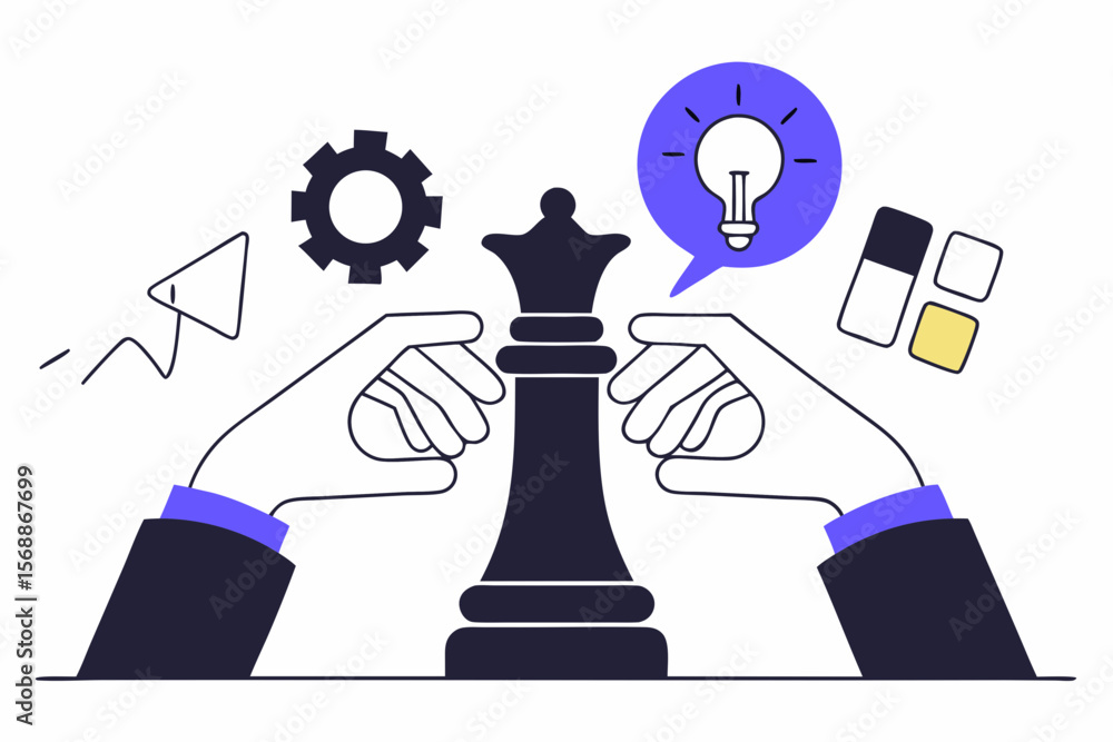 Poster strategic thinking and problem solving illustration with chess queen gear lightbulb and data blocks 