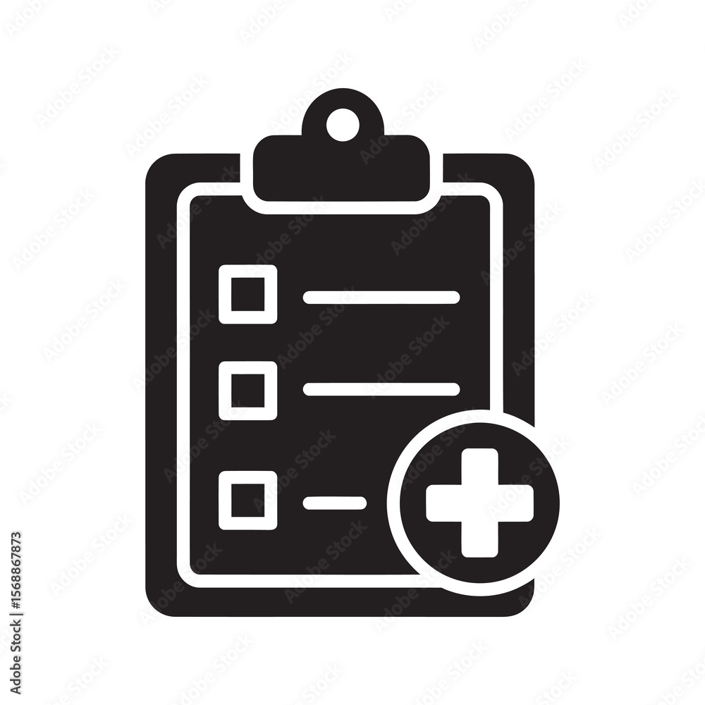 Poster add to list glyph icon showing a checklist on a clipboard with a plus sign for new task creation and