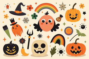 Cute Halloween Vector Illustration with Pumpkins Ghost Skull Witch Hat Rainbow and Other Spooky Elements