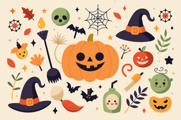 Cute Halloween Vector Illustration with Pumpkin Witch Hats Bats Spiderweb and Other Spooky Elements