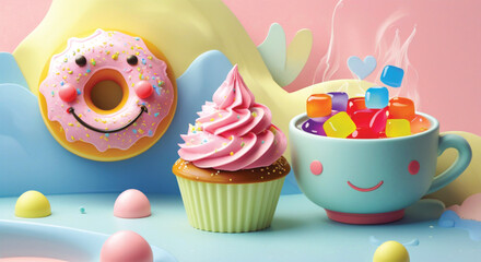 Pastel Kawaii Food Icon Pack  Smiling Donuts, Cupcakes & Boba Tea