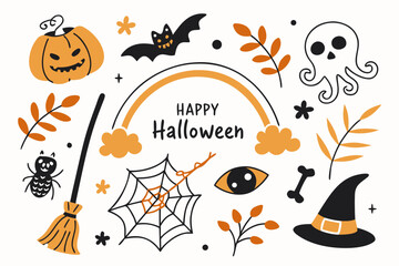 Cute Halloween Doodle Elements with Pumpkin Bat Spider Skull Witch Hat and Broom
