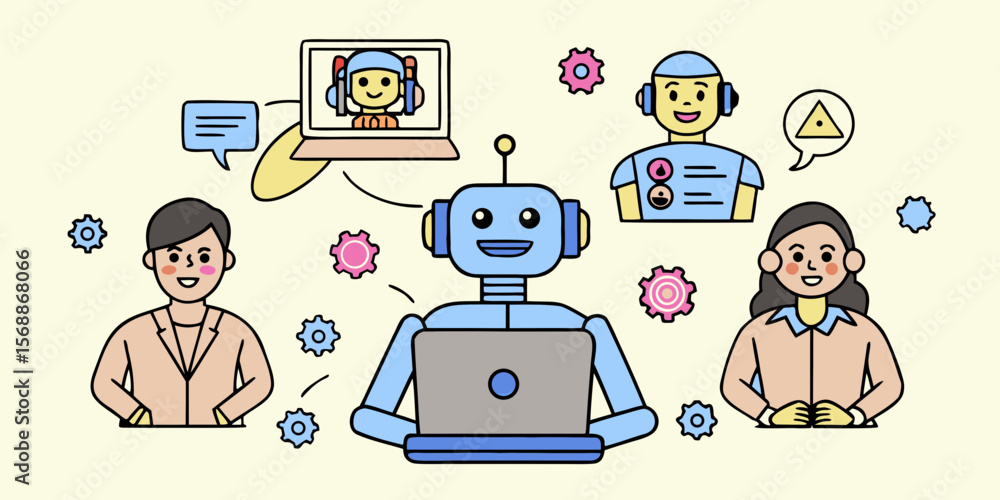Poster modern customer service with ai and human agents chatbots and virtual assistants in a digital world