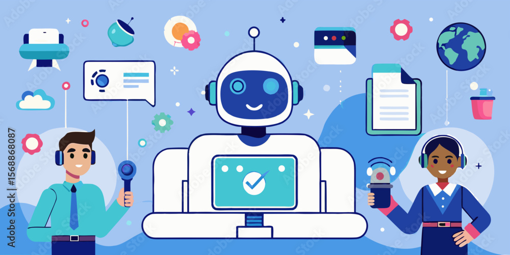 Poster diverse team collaborating with ai robot for global communication and technological advancement in b