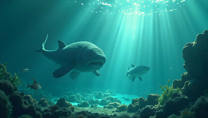 Obraz premium Swimming Sharks Underwater with Sunbeams in a Deep Ocean Setting