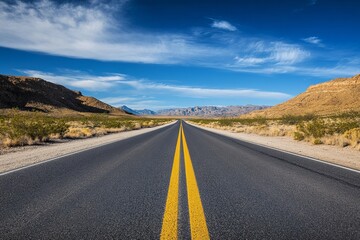 Naklejka premium Endless desert highway leading toward distant mountains under bright blue sky, symbolizing freedom, adventure, and travel inspiration for road trip or journey themes