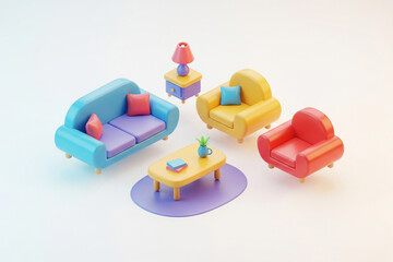 3D rendered minimalist living room furniture set with sofas, chairs, and tables