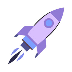 Vector sign, color icon of a rocket, flying spaceship in flat design isolated on transparent background.
