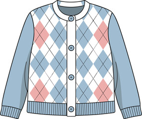 Blue Pink and White Argyle Cardigan Sweater Front View, Button-Up Knitwear, Cozy Winter Fashion, Stylish Unisex Clothing, Vector Illustration