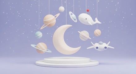 Naklejka premium 3d kid background. Galaxy space podium, rocket planet and toy spaceship as star children products promo presentation, birthday room. Cute cartoon childish banner backdrop. Vector showcase