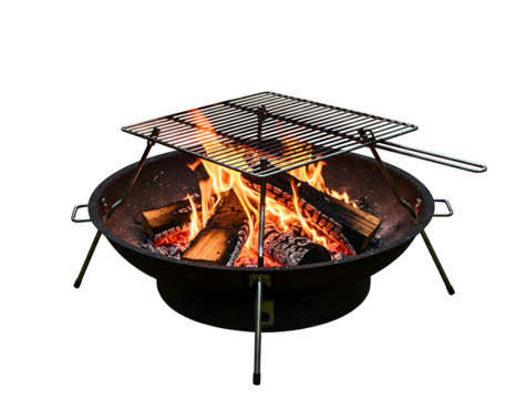 Outdoor fire pit with grill grate and burning logs isolated on transparent background