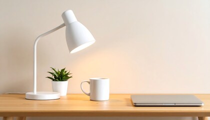 Modern Minimalist Desk Setup White Desk Lamp, Succulent Plant, and Coffee Mug