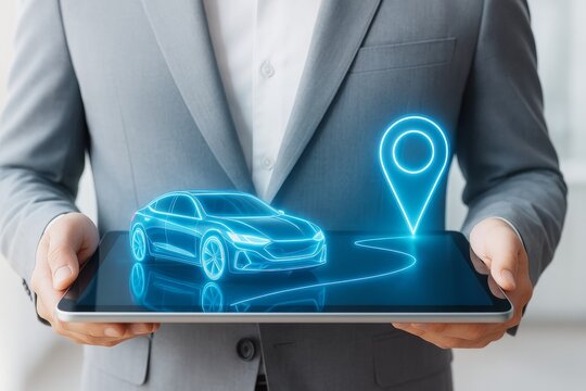 Futuristic navigation concept with glowing car and location icon held on tablet by businessman in suit, symbolizing transport and technology innovation.
