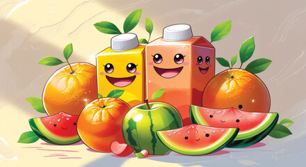 Pastel Kawaii Fruit Juice Icon Pack  Smiling Juice Boxes, Oranges, Apples & Watermelon