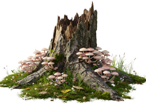 Enchanted dead tree stump covered in moss and purple mushrooms isolated