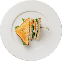 A delicious club sandwich, perfectly cut, ready to be enjoyed on a white plate.