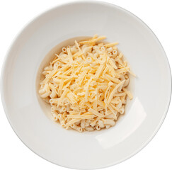 Delicious macaroni and cheese with a generous layer of shredded cheese, served in a white bowl.